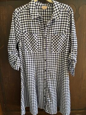 Blue and White Gingham Button-Up Shirt Mini Dress Sz L Como Vintage